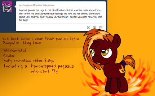taboopony:  Scuttlebug: hehe see i did a thing!(ok just want to nip this one in the bud and say scutlebug doesnt understand your suppose to be the same person. I mean you do have a different mark and name… so yeah not hard for him to mistake. especially