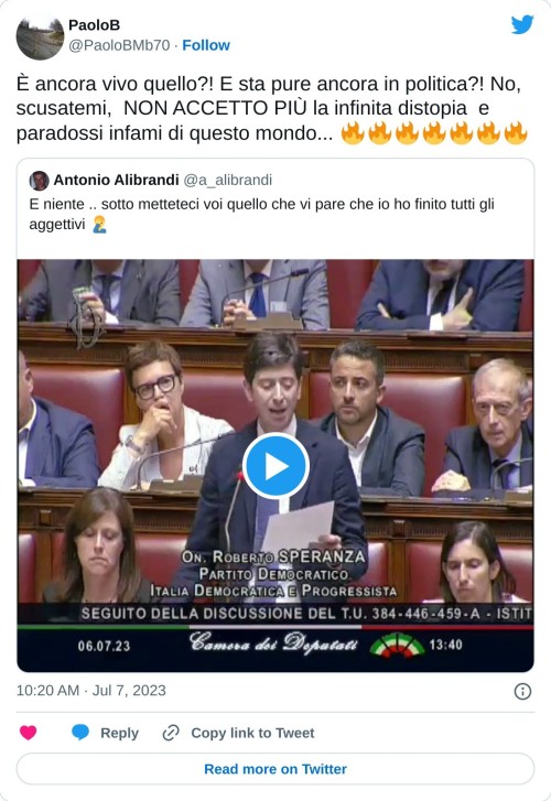 È ancora vivo quello?! E sta pure ancora in politica?! No, scusatemi, NON ACCETTO PIÙ la infinita distopia e paradossi infami di questo mondo... 🔥🔥🔥🔥🔥🔥🔥 https://t.co/zZGienbfZZ  — PaoloB (@PaoloBMb70) July 7, 2023