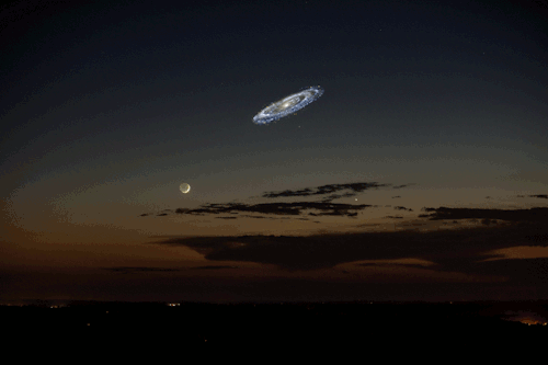If Andromeda were brighter, this is how it would look in our night sky.Distance to Earth: 2.537 mill