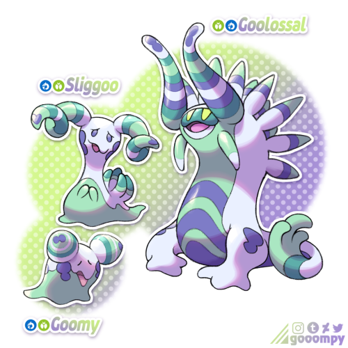 gooompy:Some Fakemon designs I finished up last month for spooky season! Goomy > Sliggoo > GoolossalI first designed the Goomy about a year ago and have been stalling on the evolutions ever since, but I’ve finally gotten to them. Felt fitting