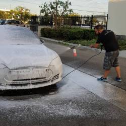 chemicalguys:  Already have 1500 miles on the Tesla since the last wash and wanted to see just how well the Torq Foam cannon can do on a quick wash. Super impressed with this amazing tool #ChemicalGuys #TorqFoamCannon #TorqToolCompany #detailers #Tesla