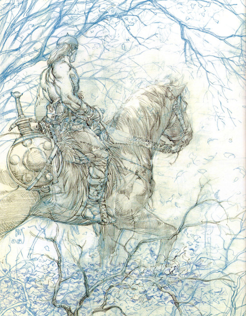 manyworldspress:Barry Windsor-Smith, Axus [originally Conan] on a Horse, 1987. Pencil. In Opus, vol.