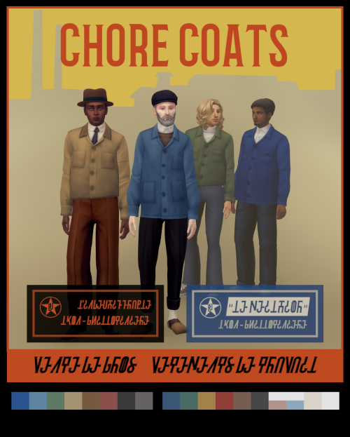 chere-indolente:Chore Coats This is a set of jackets and an undershirt overlay for all your working 