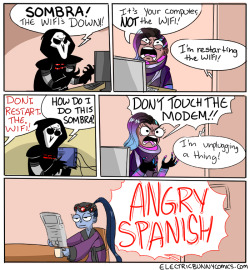 electricbunnycomics:    http://www.electricbunnycomics.com/View/Comic/177/Tech+Support+SombraI just had to make this as soon as I hear about the release of Sombra for Overwatch today.​Love you all &lt;3   