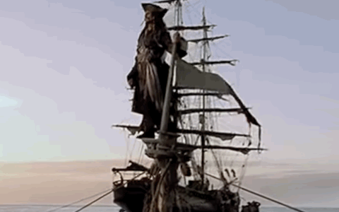 Jack Sparrow steps off a sinking ship