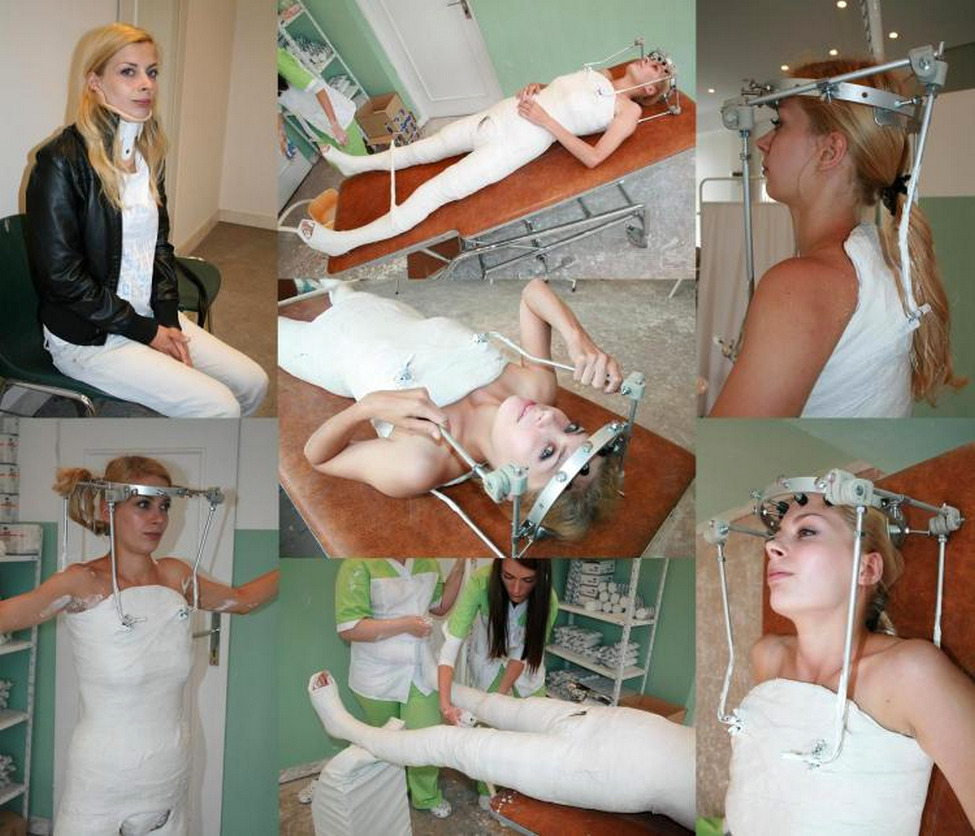 Sexy blonde in wheelchair (pretender) with body cast and braces (Medical Fetish &amp;