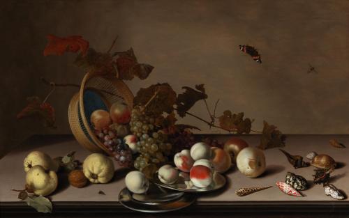 kecobe:A Fruit Still Life with a Wicker Basket, Shells, and a ButterflyBalthasar van der Ast (Dutch;