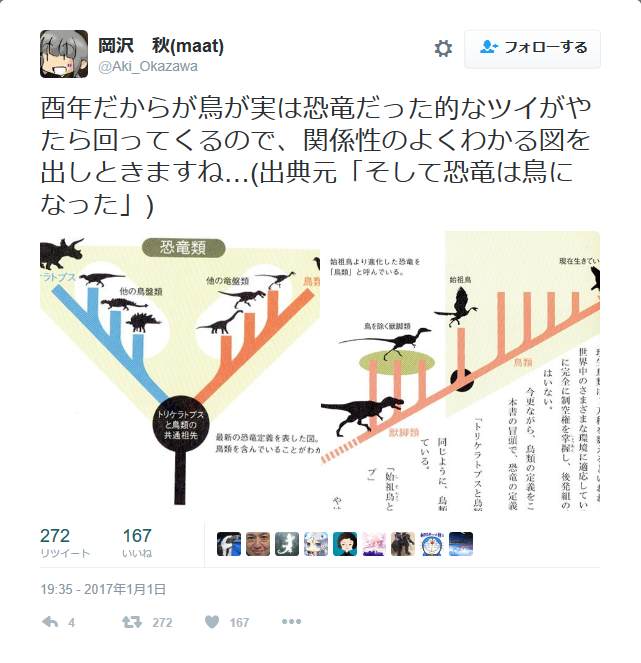 junmyk:岡沢　秋(maat)さんのツイート: “酉年だからが鳥が実は恐竜だった的なツイがやたら回ってくるので、関係性のよくわかる図を出しときますね…(出典元「そして恐竜は鳥になった」)