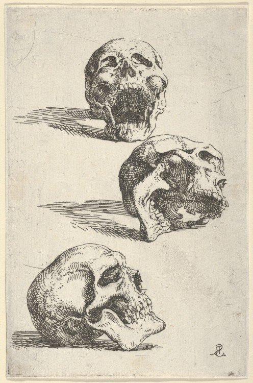 the-evil-clergyman:Three human skulls, study for “Democritus in Meditation” by Salvator Rosa (1662)