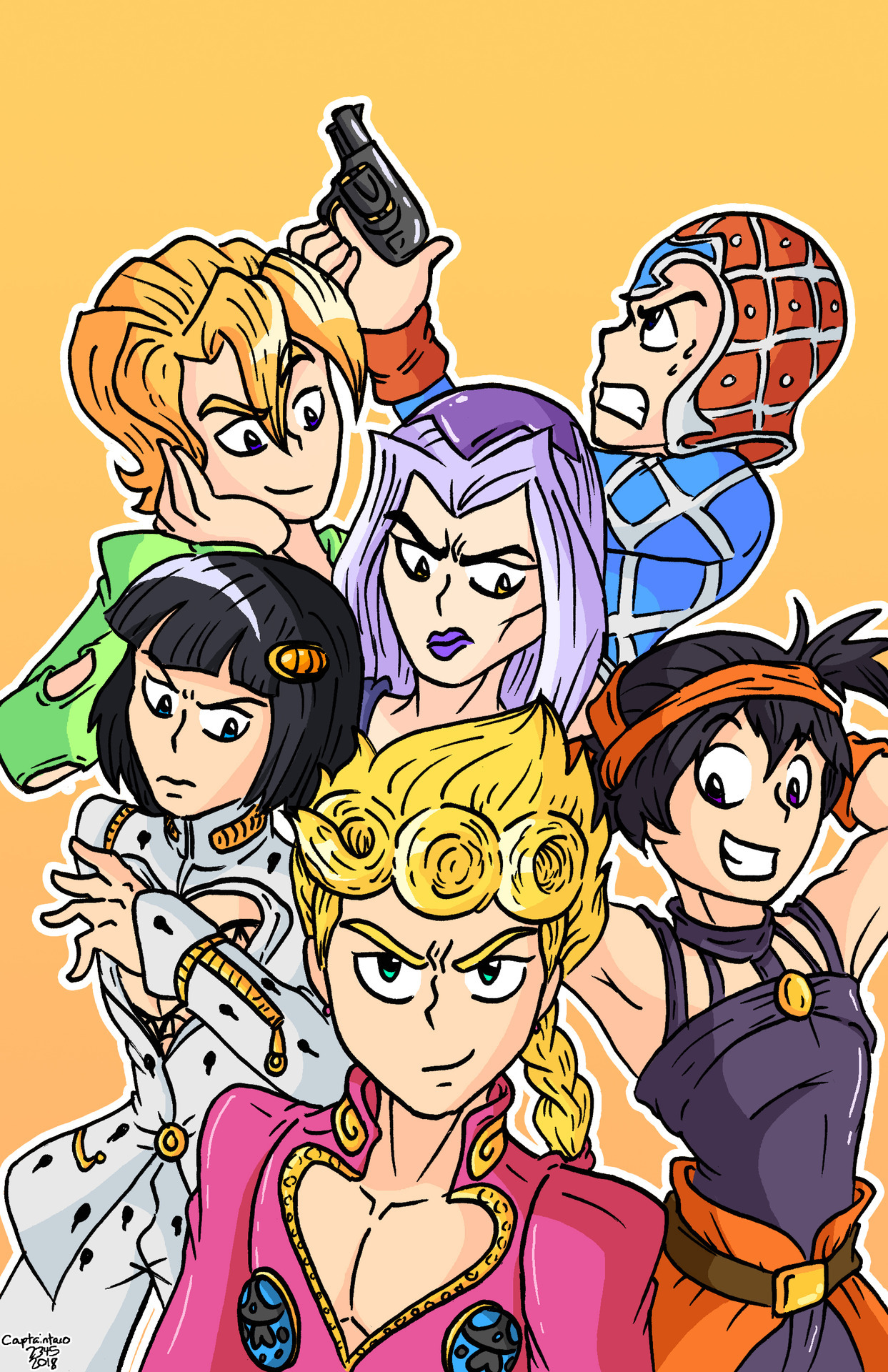 To celebrate the Vento Aureo anime coming out next month, I drew this poster of Passione.