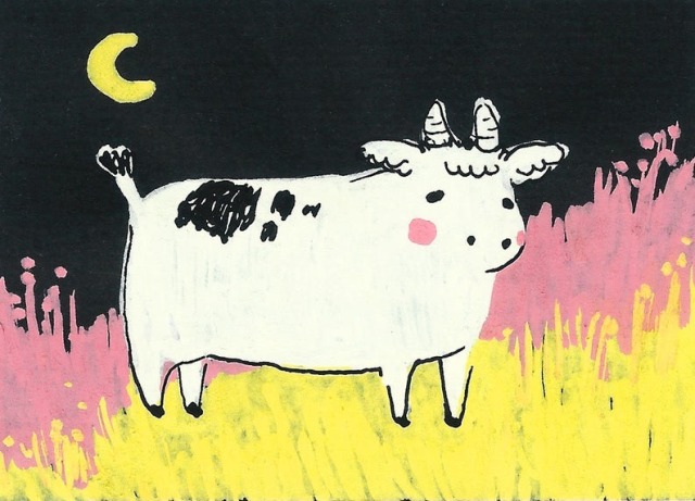 grandmacottage:Little Cow With the Moon print by Rebekah Evans Art