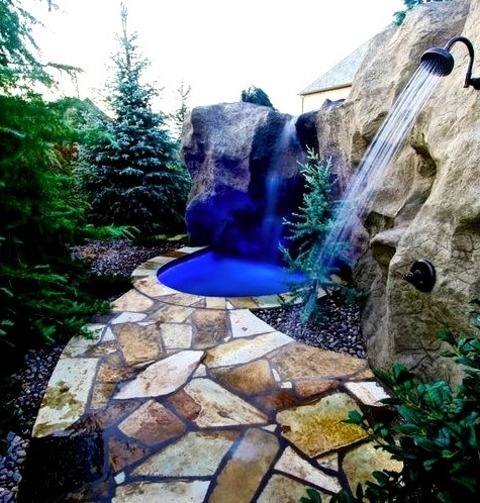 Landscape - Natural Stone PaversAn Example Of A Mid-sized Rustic Partial Sun Backyard Stone Water Fountain
