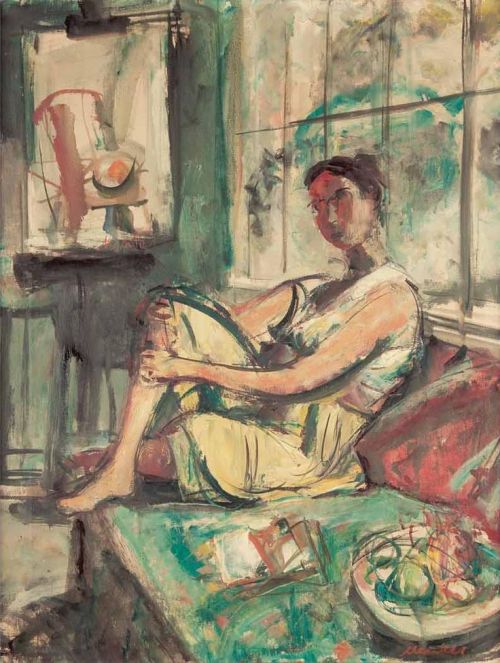 Reclining Woman in Studio. Sigmund Menkes (Polish/American, 1896-1986). Oil on canvas.Early in his c