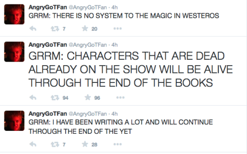 justdndthings: kateofthecanals: Some interesting tweets from GRRM’s appearance at Bubonicon in