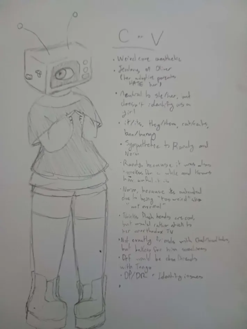 Page out of my sketchbook to further flesh out C, my TV head Dialsona. It has an eye on the screen, looking to its left. There are two stickers on the side of its head; a frog and a mushroom. It is wearing an oversized black shirt over a sweater, and also wearing (admittedly deformed) Hi-top sneakers.