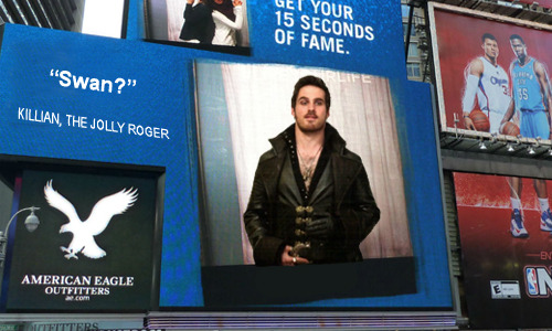 say-when-swan:  Hook vs. New York: Times Square (Would he have minded so much if it was David in the cowboy hat?) 