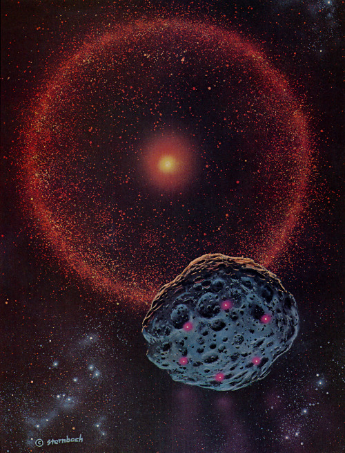 70sscifiart: Concept art by Rick Sternbach, depicting the construction of a Dyson sphere via ion thr