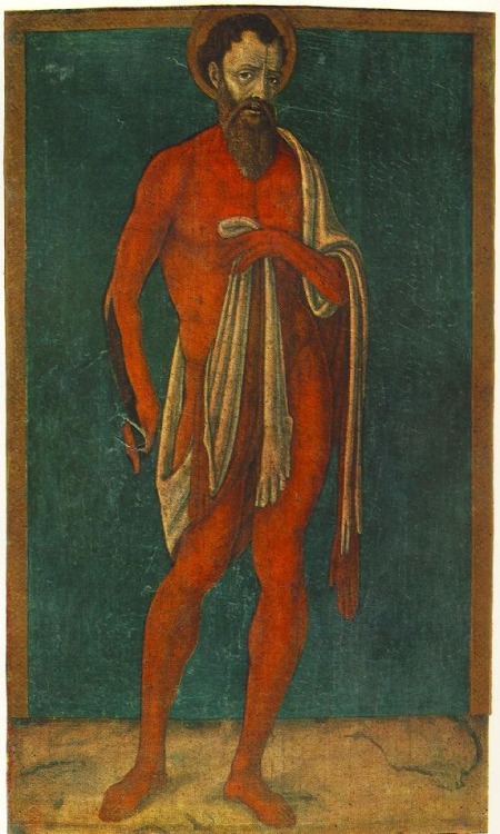 nihtegale: St. Bartholomew elegantly wears his flayed skin as a stole thrown around his shoulder, c.