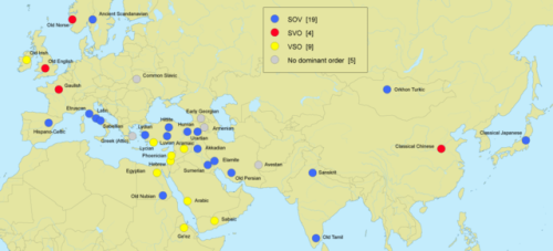mapsontheweb:Typical order of subject, object, and verb in sentences in various ancient languages.