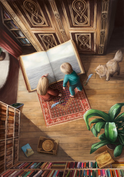 sanna-wandtke:  6th illustration for my bachelor project :) Bernd and Elisabeth with the magical book 