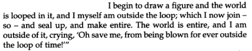 salemwitchtrials:  The Waves, Virginia Woolf [ID: I begin to draw a figure and the world is looped in it, and I myself am outside the loop; which I now join -so- and seal up, and make entire. The world is entire, and I am outside of it, crying, ‘Oh