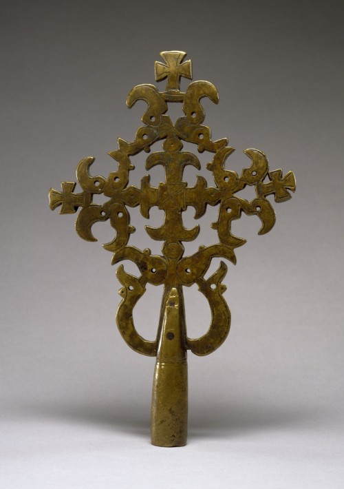 Brass processional crosses (circa. 1100s-1400s) made to be held by monks and priests in ecclesiastic