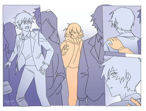 A colored comic of the ship Doksoo from Omniscient Reader's Viewpoint.
Page 1/2: Kim Dokja is walking into the train that will inevitably be the cabin where the scenarios begin. He and the crowd around him are in a dull, grey hue. A warm, yellowish-orange hand pats his shoulder, and he turns around to see 1863 Han Sooyoung drifting further away as the crowd pushes him forward. Amongst the grey crowd, she is glowing yellow.
He panics, dropping his suitcase, and running after her.