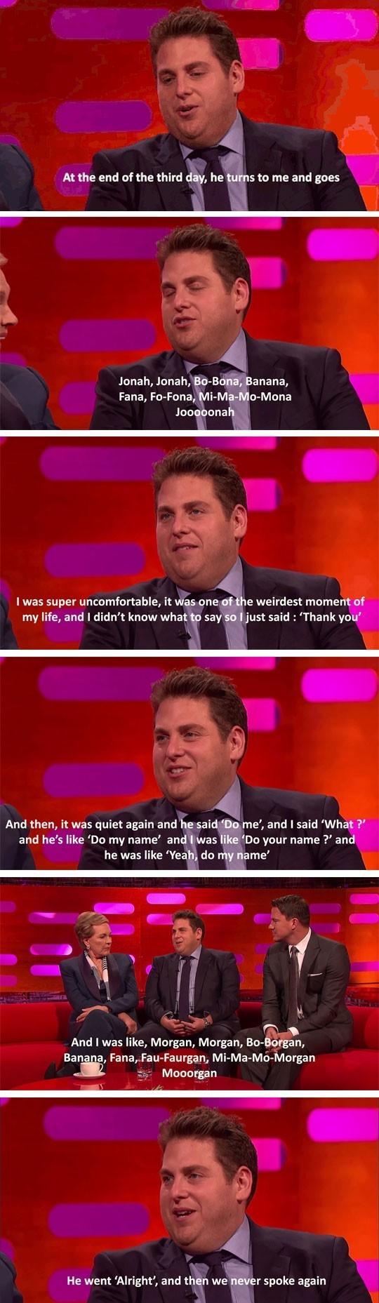 thebest-memes:  &ldquo;Jonah Hill talks about his first encounter with Morgan
