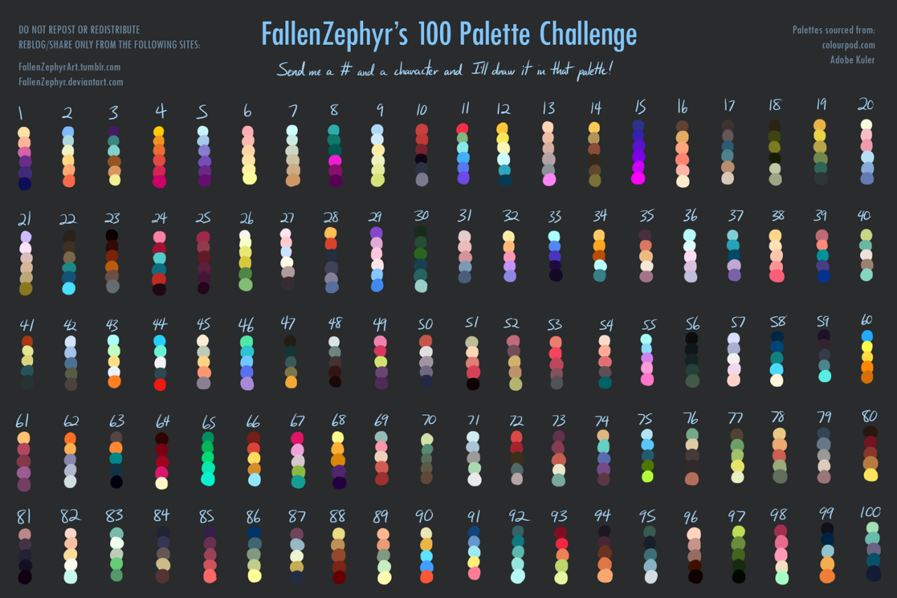 fallenzephyrart:  If 18 or 20 palettes wasn’t enough, I present to you: my 100
