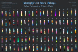 fallenzephyrart:  If 18 or 20 palettes wasn’t enough, I present to you: my 100 Palette Challenge! This is a collection of some of my favourite palettes from color-palettes and Adobe Kuler and I thought it would be really fun to have a huge variety of