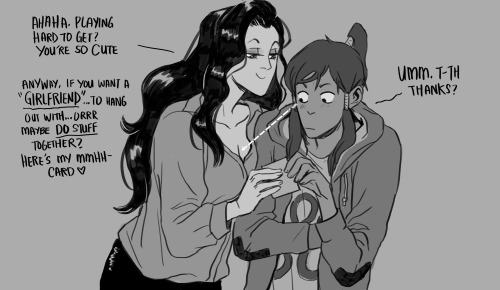 yvonnism:I am still swooning over this canon couple. If Korra were to realize her dawning bisexualit