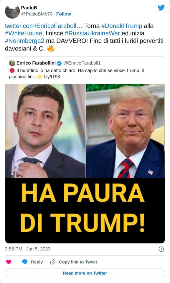 https://t.co/KpYjrxp0hW Torna #DonaldTrump alla #WhiteHouse, finisce #RussiaUkraineWar ed inizia #Norimberga2 ma DAVVERO! Fine di tutti i luridi pervertiti davosiani & C. 🔥  — PaoloB (@PaoloBMb70) June 5, 2023