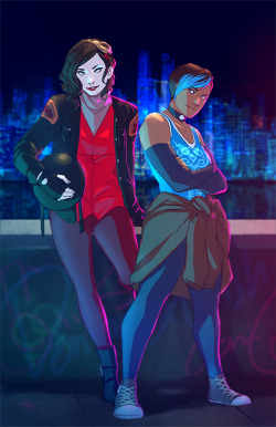 denimcatfish:  Modern urban Korrasami ish. Wanted to experiment a little more with 80s colors, lighting and doing cityscapes… much stress but I needed the practice bad haha.  &lt;3 &lt;3 &lt;3