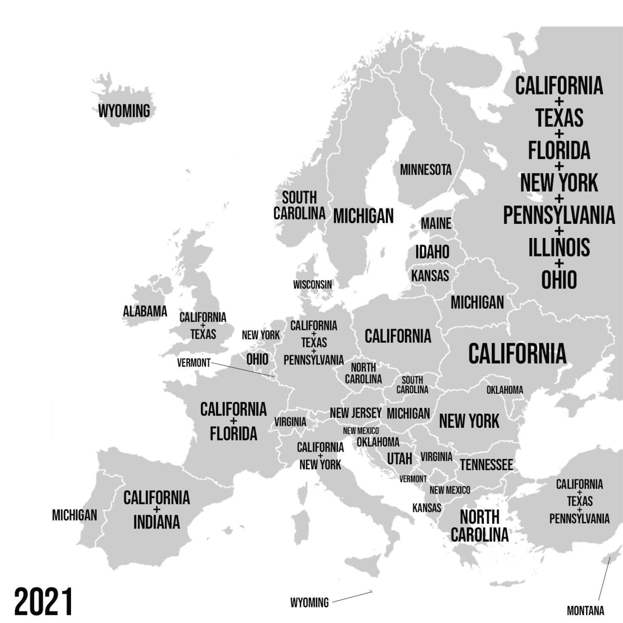 The population of European countries compared to US states, 2021.