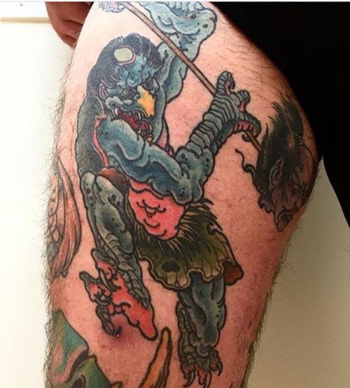 seventhsontattoo: @jarmstrongtat2 is in the house, check out this kappa thigh piece! #seventhsontatt