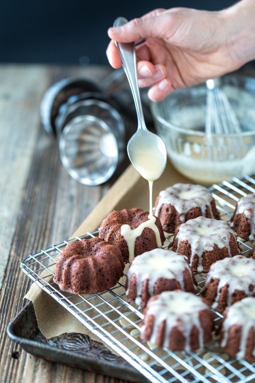 thefoodshow: Mini Chocolate Stout Bundt Cakes With Maple Cream Glaze