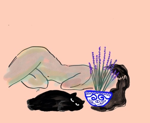 Girl with black cat behind a lavender plant by me, 2019