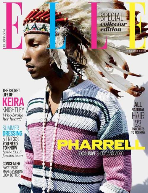 policymic:  American Indians are #NotHappy with Pharrell’s Elle magazine cover  The magazine has declared its July cover the singer-producer’s “best ever shoot,” but overwhelmingly negative responses from Native critics tell a different story.