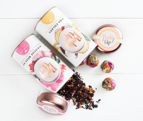 Designed by True Brands, fragrant loose leaf tea is packaged in beautiful tins with copper-colored l