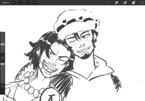 portgas d ace and trafalgar law from one piece- ace is leaning on law's shoulder and they wink at each other as they talk, definitely flirting with each other