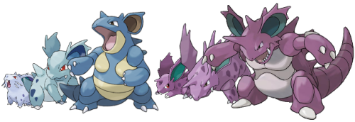 o-eheu:Nidoran♀/Nidoran♂ - Nidorina/Nidorino - Nidoqueen/Nidoking(Despite having different entries i