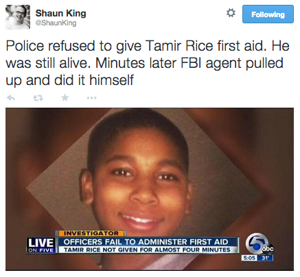 socialjusticekoolaid:  revolutionarykoolaid: Cops who shot 12-year-old boy in the stomach watched him lie in agony and gave NO first aid before he died hours later Tamir Rice was shot by rookie officer Timothy Loehmann, 26, after a 911 caller said he
