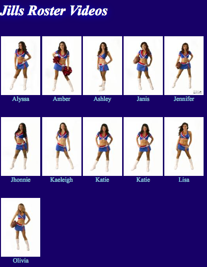 Screenshots from the website of the Buffalo Jills, the official cheerleading squad of the NFL&rs