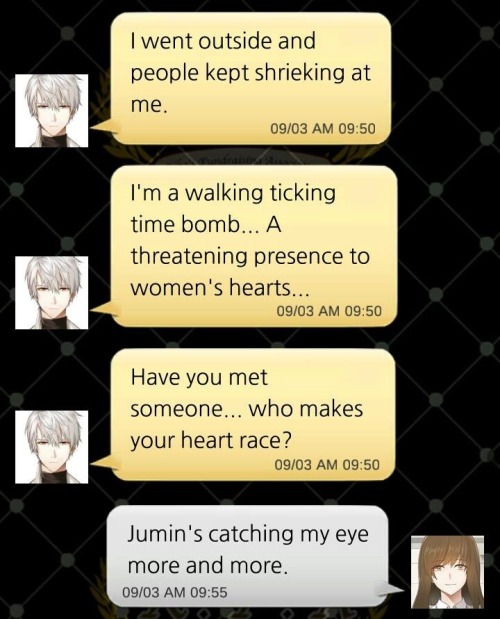 8k0:“Jumin told you to say that, right? Right?”