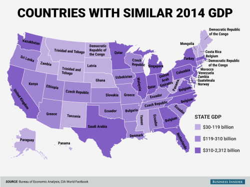 businessinsider:  This map shows that each US state is basically its own countryCalifornia = United Kingdom. 