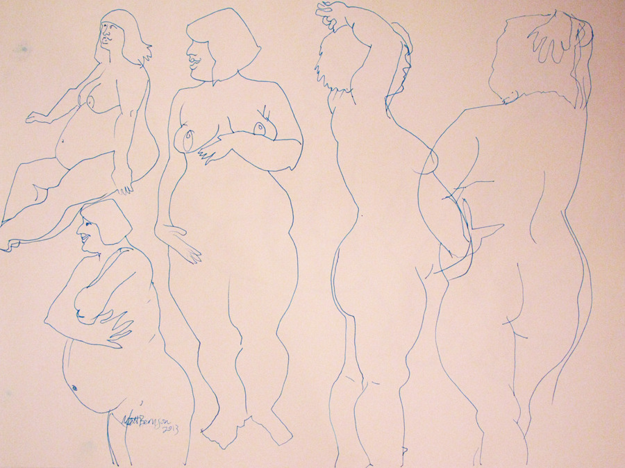 Drawings of Emily done at the Democracy Center.  Ink and/or watercolor on paper,