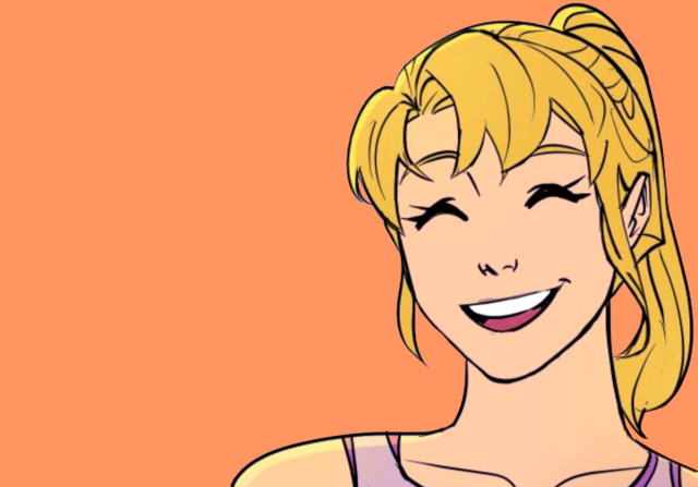 Edited comic panel of Stephanie Brown smiling. She's wearing a purple tank top. The background is orange.