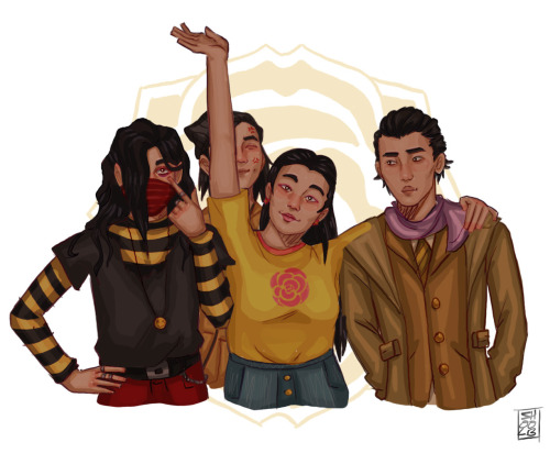 [id: five digital drawings of the sibling groups from the untamed dressed in modern clothing.]indivi