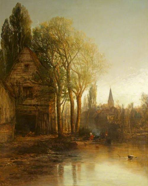 artist-james-webb:A House by a Pool, with a Distant Spire, James Webb