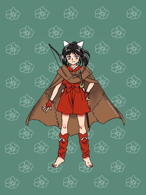 crazytwirlcurls:  I couldn’t stop thinking about this Inukag baby so I quickly colored her from the character sheets floating around here. I like to think she has Kagome’s hair and Inuyasha’s eyes.She looks like she’s cosplaying her dad and I